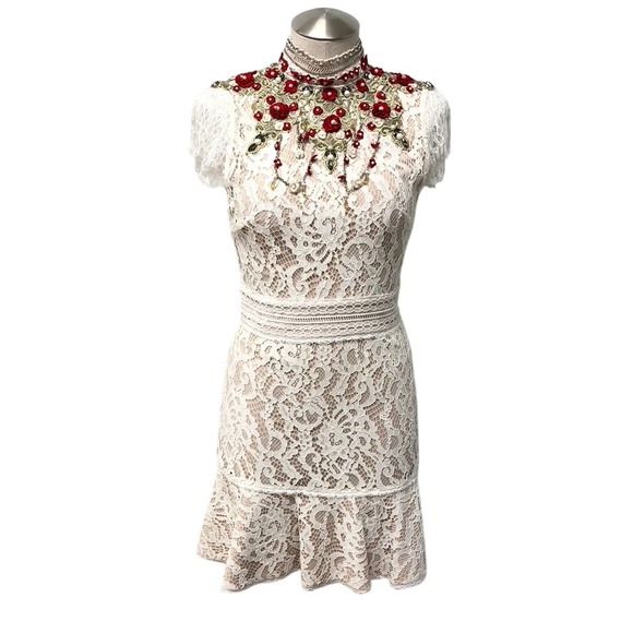 Alice + Olivia Dresses & Skirts - Alice + Olivia Lace Mini Dress Womens 0 White Red Embellished Floral Ruffle